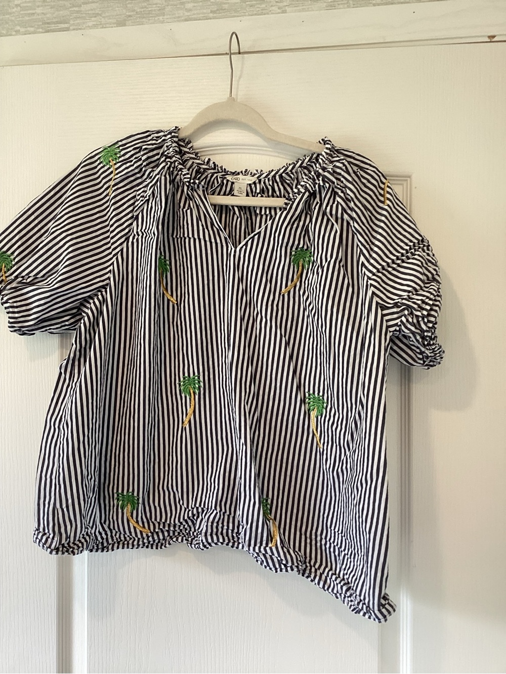 Cato Blue and White Striped Palm Embroidered Blouse XL EUC